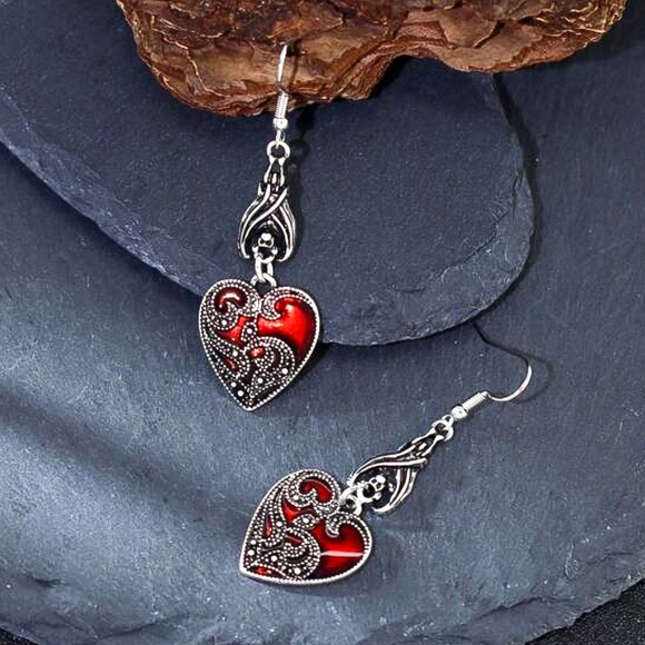 Any 4/$25! Antiqued Silver/Red Lacquer Heart Drop Earrings - Picture 4 of 8